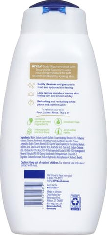NIVEA Refreshing White Peach and Jasmine Body Wash with Nourishing Serum, Scented Body Wash for Women, Enriched with Provitamin B5 and Vitamin E, 20 Fl Oz Bottle, (Pack of 2)