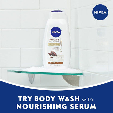 Nivea Pampering Cocoa and Shea Butter Body Wash with Nourishing Serum, Moisturizing Body Wash for Women, Enriched with Provitamin B5 and Vitamin E, 20 Fl Oz Bottle (Pack of 3)