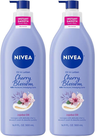 NIVEA Oil Infused Cherry Blossom and Jojoba Oil Body Lotion for Women, Fast-Absorbing and Non-Greasy Cherry Blossom Scented Lotion Moisturizes for 48 Hours, 16.9 Fl Oz Pump Bottle (Pack of 2)