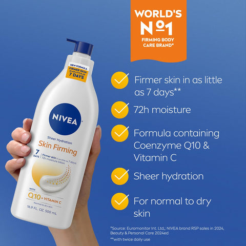 NIVEA Sheer Hydration Skin Firming Body Lotion with Q10 and Vitamin C, 72-Hour Body Moisturizer for Normal to Dry Skin, 16.9 Fl Oz Pump Bottle