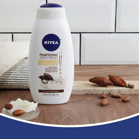 Nivea Pampering Cocoa and Shea Butter Body Wash with Nourishing Serum, Moisturizing Body Wash for Women, Enriched with Provitamin B5 and Vitamin E, 20 Fl Oz Bottle (Pack of 3)