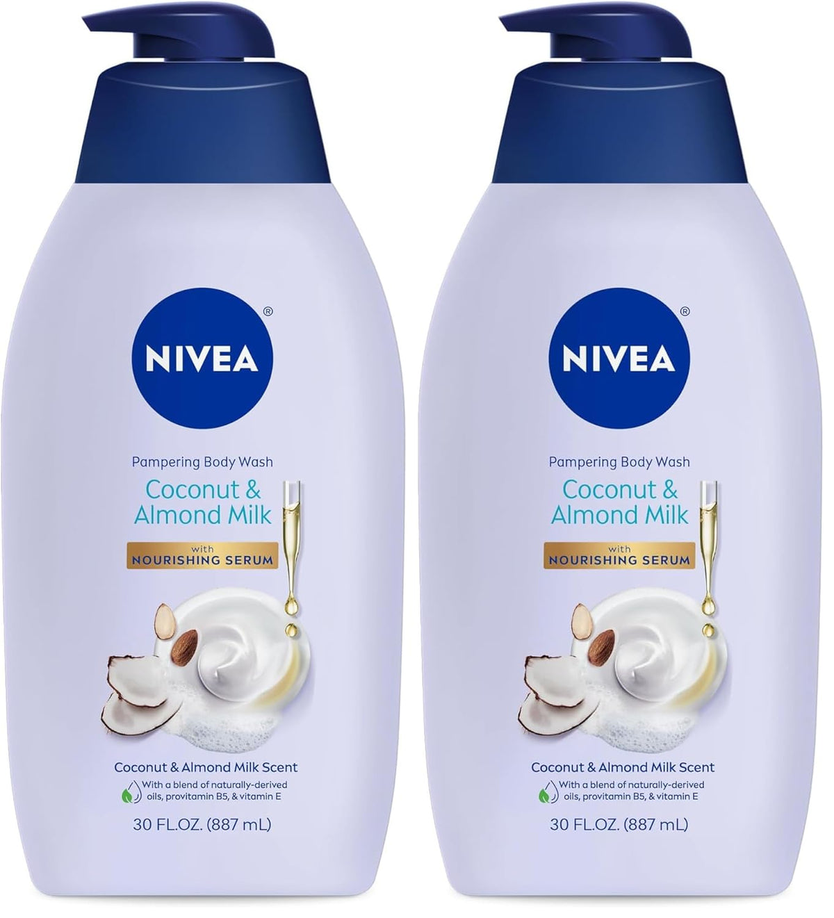 NIVEA Pampering Coconut and Almond Milk Body Wash with Nourishing Serum,Moisturizing Body Wash for Women,Enriched with Provitamin B5 and Vitamin E,30 Fl Oz Bottle,(Pack of 2)