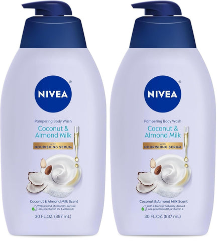 NIVEA Pampering Coconut and Almond Milk Body Wash with Nourishing Serum,Moisturizing Body Wash for Women,Enriched with Provitamin B5 and Vitamin E,30 Fl Oz Bottle,(Pack of 2)