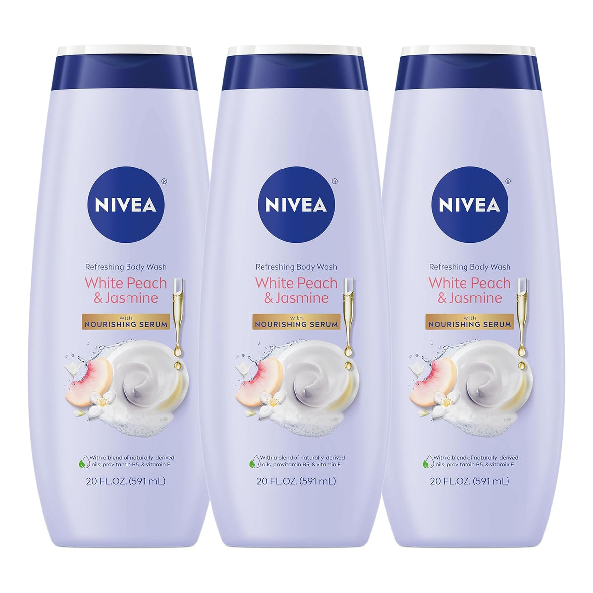 NIVEA Refreshing White Peach and Jasmine Body Wash with Nourishing Serum, Scented Body Wash for Women, Enriched with Provitamin B5 and Vitamin E, 20 Fl Oz Bottle, 3 Pack