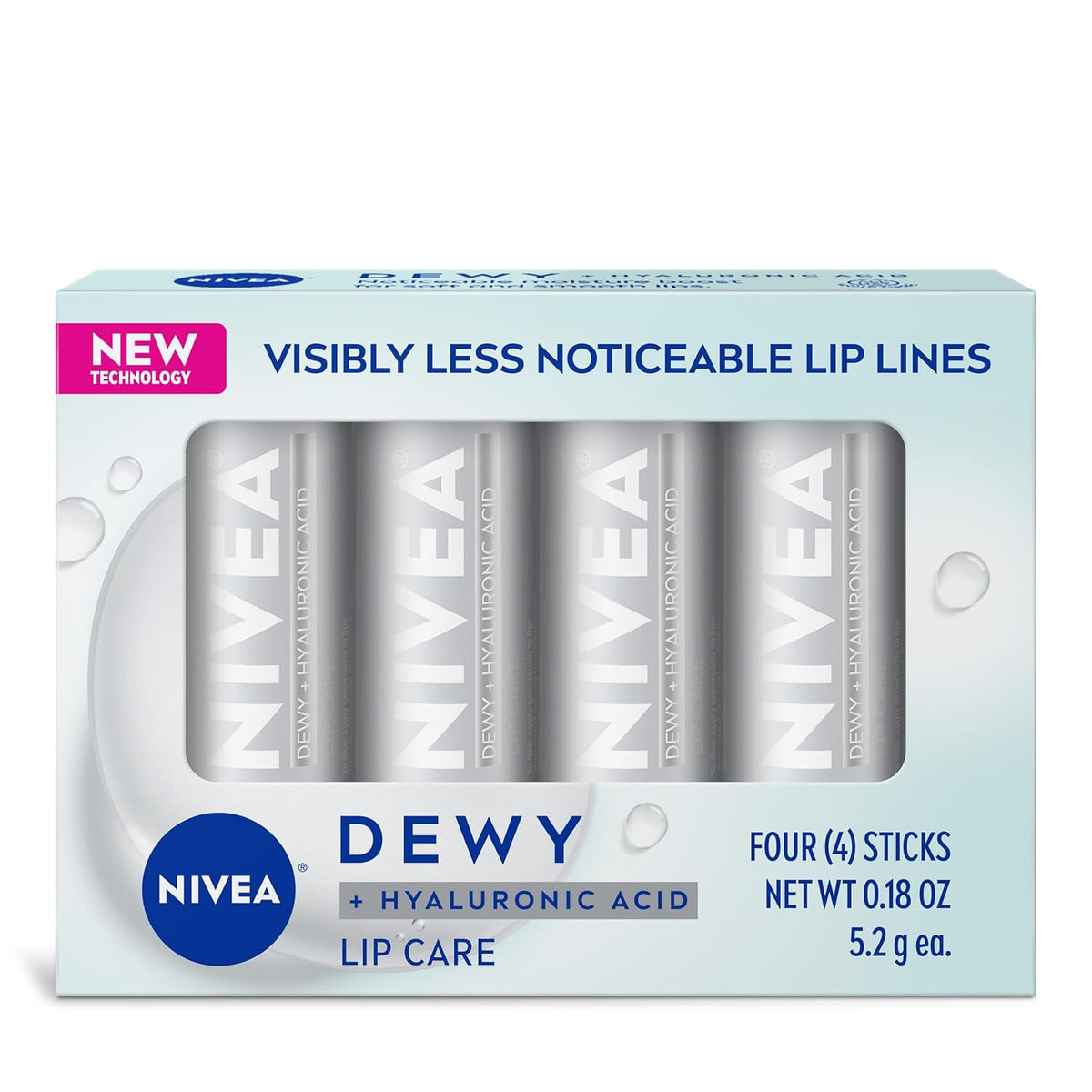 NIVEA Dewy Lip Balm with Hyaluronic Acid, Lightweight and Ultra-Hydrating for All Day Moisture, Leaves Visibly Less Noticeable Lip Lines and No Waxy Feel, 0.18 Oz, Pack of 48