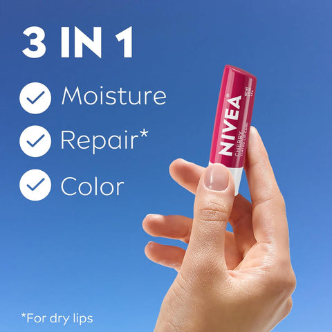 NIVEA Cherry Lip Care,Ruby Tinted Lip Balm Pack with Shea Butter,Nourishing Oils and Vitamin C & E,3-in-1 Moisture,Repair and Color,0.17 Oz Stick,(Pack of 8)