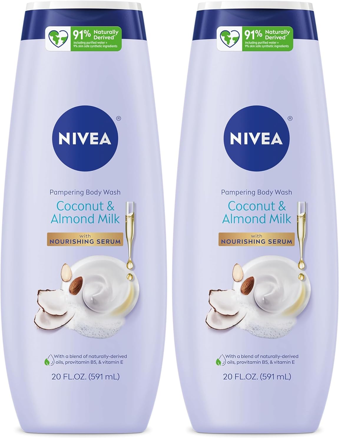 NIVEA Pampering Coconut and Almond Milk Body Wash with Nourishing Serum, Moisturizing Body Wash for Women, Enriched with Provitamin B5 and Vitamin E, 20 Fl Oz Bottle (Pack of 2)
