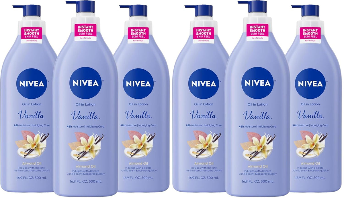 NIVEA Oil Infused Vanilla and Almond Oil Body Lotion for Women,Fast-Absorbing and Non-Greasy Vanilla Scented Lotion Moisturizes for 48 Hours,16.9 Fl Oz Pump Bottle,(Pack of 6)