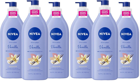 NIVEA Oil Infused Vanilla and Almond Oil Body Lotion for Women,Fast-Absorbing and Non-Greasy Vanilla Scented Lotion Moisturizes for 48 Hours,16.9 Fl Oz Pump Bottle,(Pack of 6)