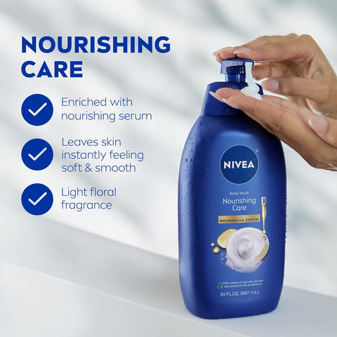 NIVEA Nourishing Care Body Wash with Nourishing Serum, Moisturizing Body Wash for Women, Enriched with Provitamin B5 and Vitamin E, 30 Fl Oz Bottle