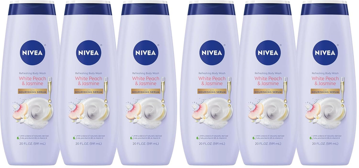 NIVEA Refreshing White Peach and Jasmine Body Wash with Nourishing Serum,Scented Body Wash for Women,Enriched with Provitamin B5 and Vitamin E,20 Fl Oz Bottle,(Pack of 6)