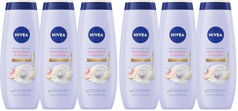 NIVEA Refreshing White Peach and Jasmine Body Wash with Nourishing Serum,Scented Body Wash for Women,Enriched with Provitamin B5 and Vitamin E,20 Fl Oz Bottle,(Pack of 6)