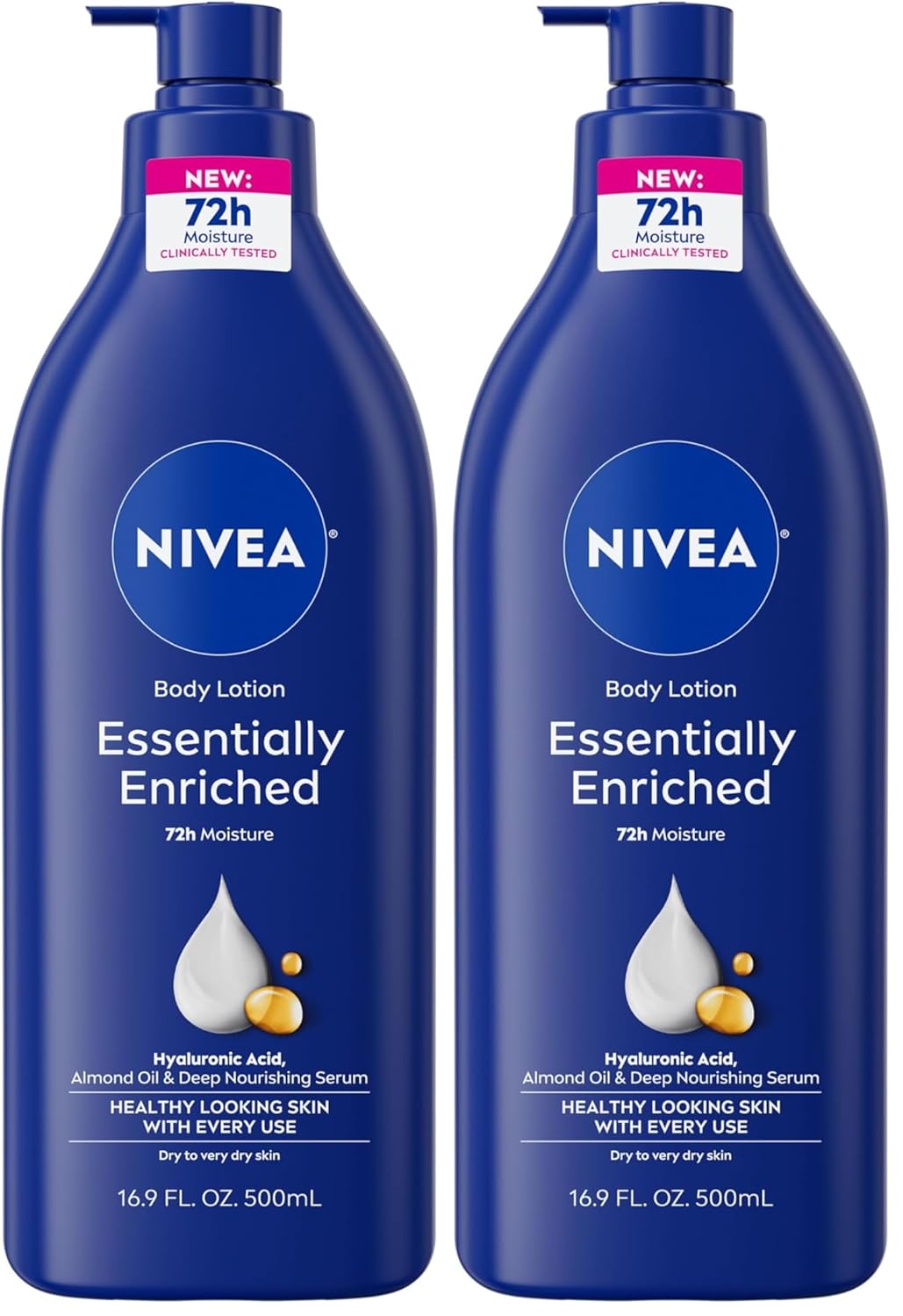NIVEA Essentially Enriched Body Lotion for Very Dry Skin with Hyaluronic Acid, Almond Oil and Deep Nourishing Serum, 72-Hour Body Moisturizer, 16.9 Fl Oz Pump Bottle (Pack of 2)
