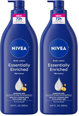 NIVEA Essentially Enriched Body Lotion for Very Dry Skin with Hyaluronic Acid, Almond Oil and Deep Nourishing Serum, 72-Hour Body Moisturizer, 16.9 Fl Oz Pump Bottle (Pack of 2)