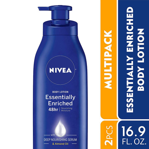NIVEA Essentially Enriched Body Lotion for Very Dry Skin with Hyaluronic Acid, Almond Oil and Deep Nourishing Serum, 72-Hour Body Moisturizer, 16.9 Fl Oz Pump Bottle, Pack of 2