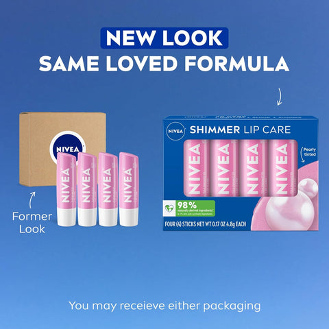 NIVEA Shimmer Lip Care, Shimmery Lip Balm Pack with Shea Butter, Nourishing Oils and Vitamin C & E, 3-in-1 Moisture, Repair and Shimmer, 0.17 Oz Stick, Pack of 48
