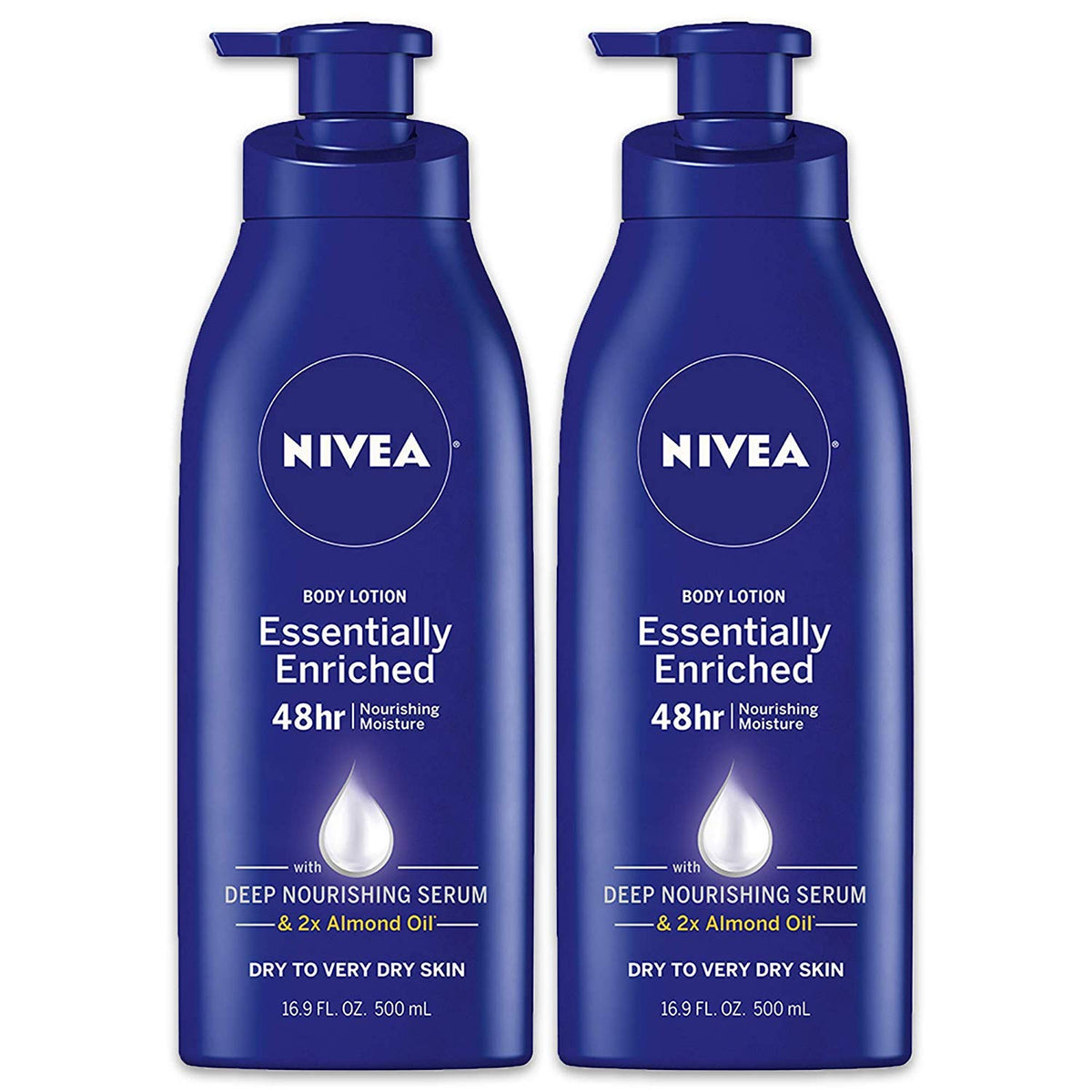 NIVEA Essentially Enriched Body Lotion for Very Dry Skin with Hyaluronic Acid, Almond Oil and Deep Nourishing Serum, 72-Hour Body Moisturizer, 16.9 Fl Oz Pump Bottle, Pack of 2