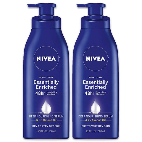 NIVEA Essentially Enriched Body Lotion for Very Dry Skin with Hyaluronic Acid, Almond Oil and Deep Nourishing Serum, 72-Hour Body Moisturizer, 16.9 Fl Oz Pump Bottle, Pack of 2