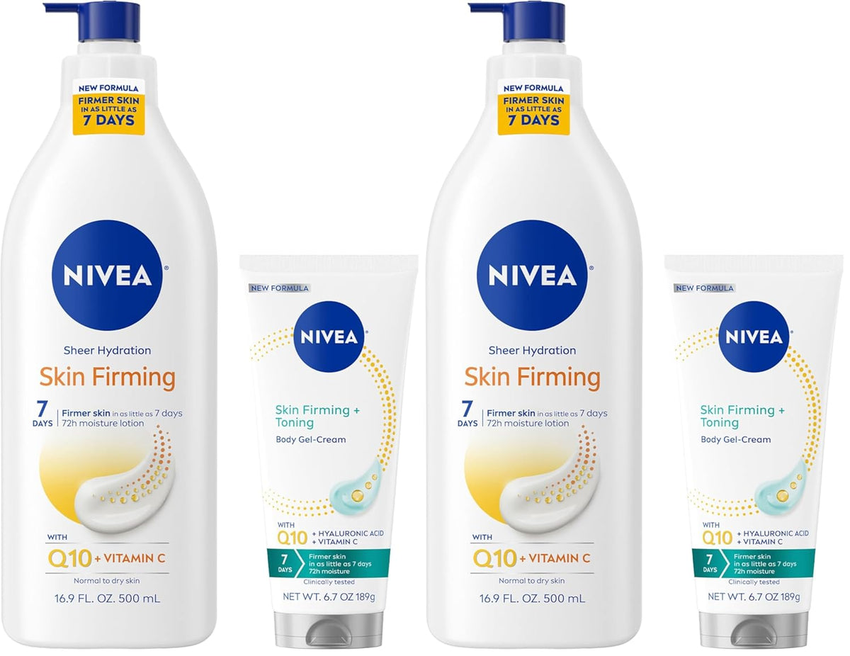NIVEA Sheer Hydration Skin Firming Body Lotion (16.9 Fl Oz) + Skin Firming & Toning Body Gel Cream with Hyaluronic Acid (6.7 Oz),Enriched with Q10 and Vitamin C,(Pack of 4)