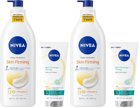 NIVEA Sheer Hydration Skin Firming Body Lotion (16.9 Fl Oz) + Skin Firming & Toning Body Gel Cream with Hyaluronic Acid (6.7 Oz),Enriched with Q10 and Vitamin C,(Pack of 4)