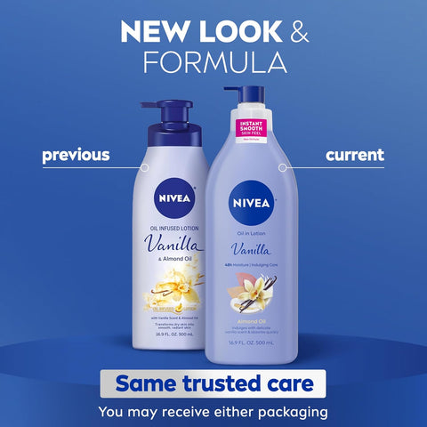 NIVEA Oil Infused Vanilla and Almond Oil Body Lotion for Women,Fast-Absorbing and Non-Greasy Vanilla Scented Lotion Moisturizes for 48 Hours,16.9 Fl Oz Pump Bottle,(Pack of 6)