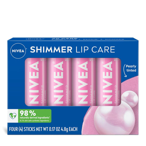 NIVEA Shimmer Lip Care, Shimmery Lip Balm Pack with Shea Butter, Nourishing Oils and Vitamin C & E, 3-in-1 Moisture, Repair and Shimmer, 0.17 Oz Stick, Pack of 48