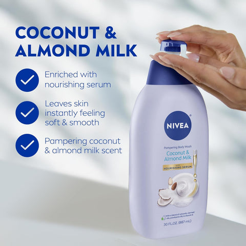 NIVEA Pampering Coconut and Almond Milk Body Wash with Nourishing Serum,Moisturizing Body Wash for Women,Enriched with Provitamin B5 and Vitamin E,30 Fl Oz Bottle,(Pack of 2)
