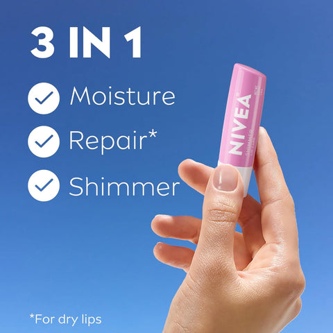 NIVEA Shimmer Lip Care, Shimmery Lip Balm Pack with Shea Butter, Nourishing Oils and Vitamin C & E, 3-in-1 Moisture, Repair and Shimmer, 0.17 Oz Stick, Pack of 4