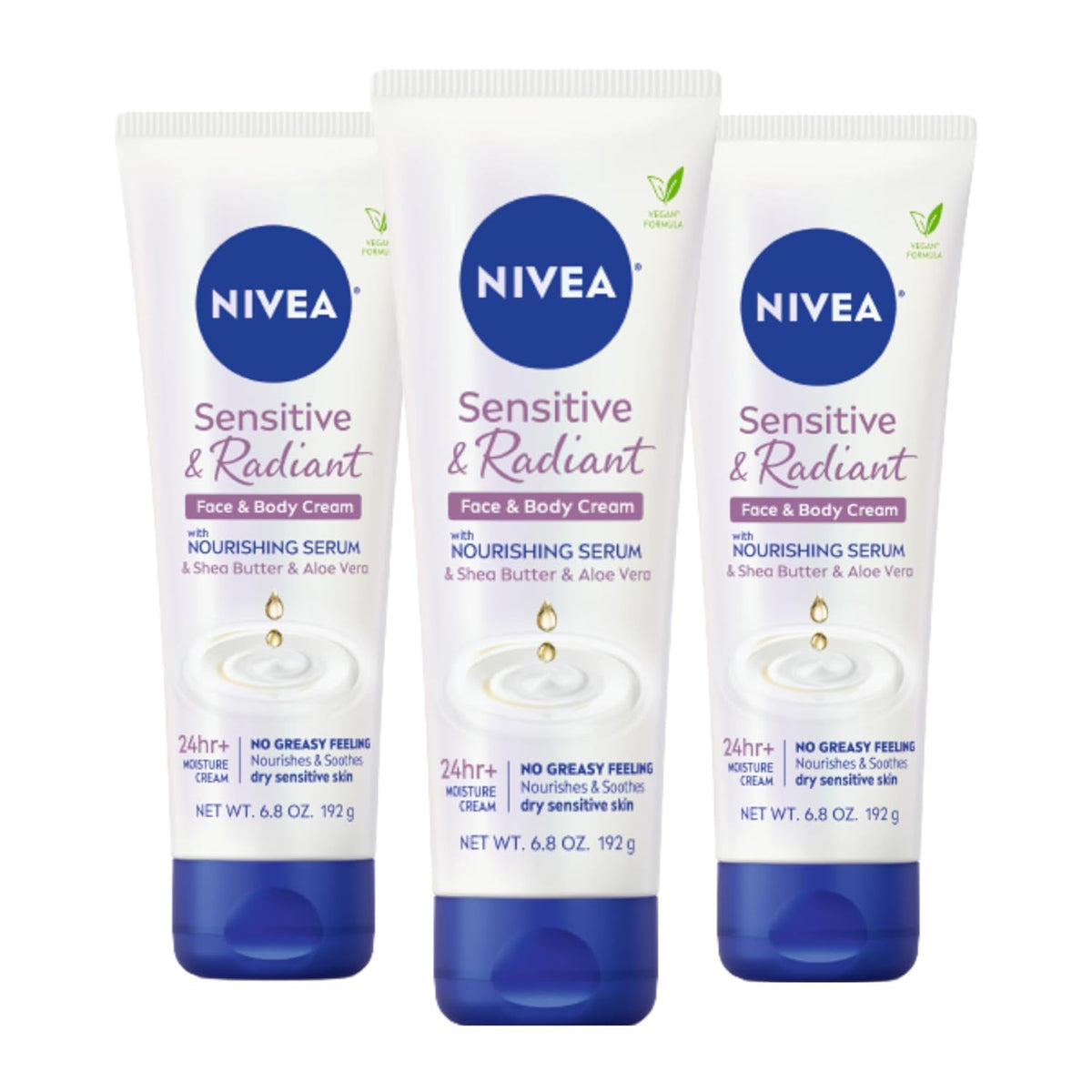 NIVEA Sensitive and Radiant Face and Body Cream for Dry, Sensitive Skin, Vegan Body and Face Moisturizer with Shea Butter and Aloe Vera, 6.8 Oz Tube, Pack of 3