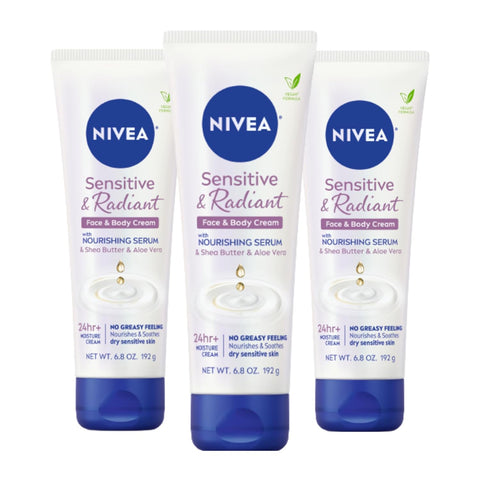 NIVEA Sensitive and Radiant Face and Body Cream for Dry, Sensitive Skin, Vegan Body and Face Moisturizer with Shea Butter and Aloe Vera, 6.8 Oz Tube, Pack of 3
