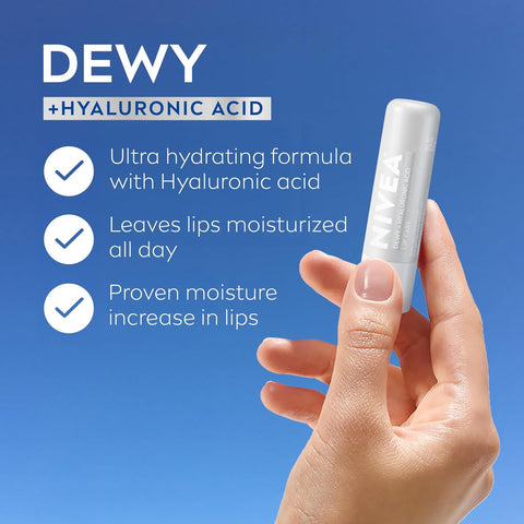 NIVEA Dewy Lip Balm with Hyaluronic Acid, Lightweight and Ultra-Hydrating for All Day Moisture, Leaves Visibly Less Noticeable Lip Lines and No Waxy Feel, 0.18 Oz, Pack of 48
