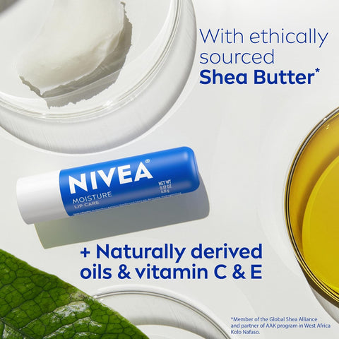 NIVEA Moisture Lip Care, Hydrating Lip Balm with Shea Butter, Nourishing Oils and Vitamin C & E, 3-in-1 Moisture, Repair and Nourish, 0.17 Oz Stick, Pack of 48