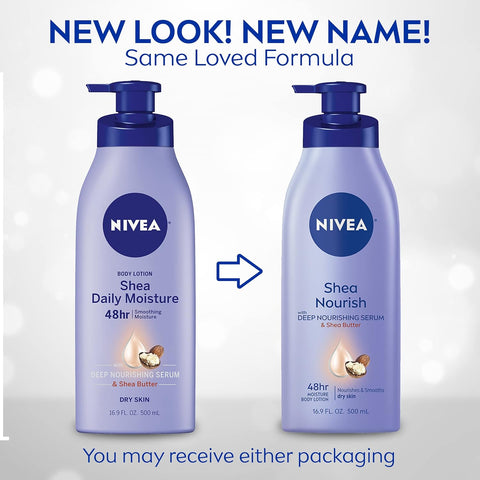 NIVEA Shea Nourish Body Lotion for Dry Skin with Hyaluronic Acid, Shea Butter and Deep Nourishing Serum, 48-Hour Body Moisturizer, 16.9 Fl Oz Pump Bottle (Pack of 2)