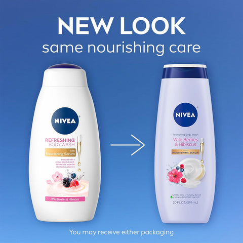 NIVEA Refreshing Wild Berries and Hibiscus Body Wash with Nourishing Serum, Scented Body Wash for Women, Enriched with Provitamin B5 and Vitamin E, 20 Fl Oz Bottle