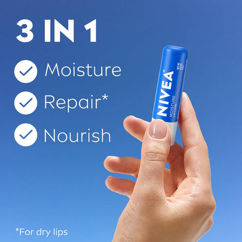 NIVEA Moisture Lip Care, Hydrating Lip Balm with Shea Butter, Nourishing Oils and Vitamin C & E, 3-in-1 Moisture, Repair and Nourish, 0.17 Oz Stick, Pack of 48