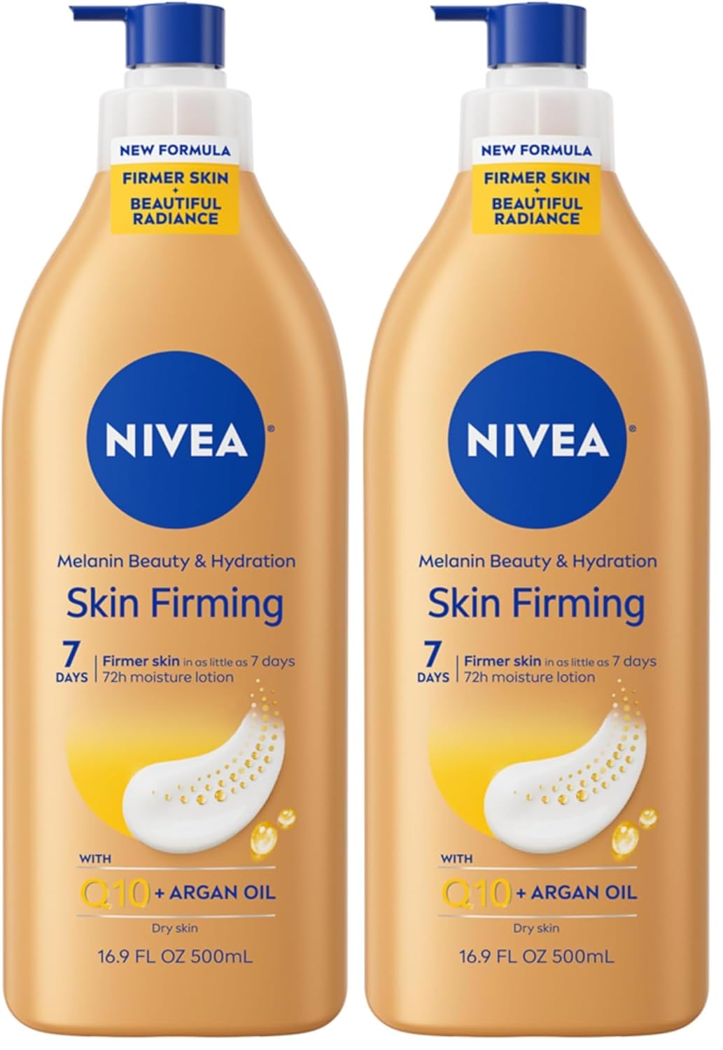NIVEA Skin Firming Melanin Beauty & Hydration Body Lotion with Q10 and Argan Oil,Firmer Skin in as Little As Seven Days,16.9 Fl Oz Pump Bottle,(Pack of 2)