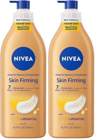 NIVEA Skin Firming Melanin Beauty & Hydration Body Lotion with Q10 and Argan Oil,Firmer Skin in as Little As Seven Days,16.9 Fl Oz Pump Bottle,(Pack of 2)