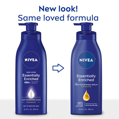 NIVEA Essentially Enriched Body Lotion for Very Dry Skin with Hyaluronic Acid, Almond Oil and Deep Nourishing Serum, 72-Hour Body Moisturizer, 16.9 Fl Oz Pump Bottle (Pack of 2)
