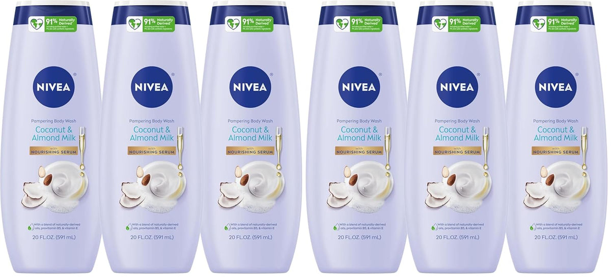 NIVEA Pampering Coconut and Almond Milk Body Wash with Nourishing Serum,Moisturizing Body Wash for Women,Enriched with Provitamin B5 and Vitamin E,20 Fl Oz Bottle,(Pack of 6)