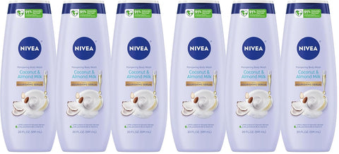 NIVEA Pampering Coconut and Almond Milk Body Wash with Nourishing Serum,Moisturizing Body Wash for Women,Enriched with Provitamin B5 and Vitamin E,20 Fl Oz Bottle,(Pack of 6)