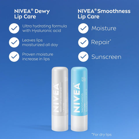 NIVEA Lip Balm Set, Smoothness Lip Care with Broad Spectrum SPF 15 Sunscreen, 0.17 Oz (Pack of 4) + Dewy with Hyaluronic Acid, 0.18 Oz (Pack of 4), Long-Lasting Moisture