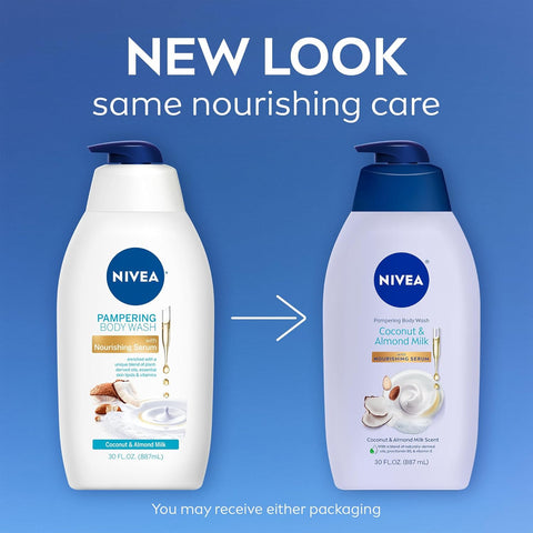 NIVEA Pampering Coconut and Almond Milk Body Wash with Nourishing Serum, Moisturizing Body Wash for Women, Enriched with Provitamin B5 and Vitamin E, 20 Fl Oz Bottle, Pack of 3
