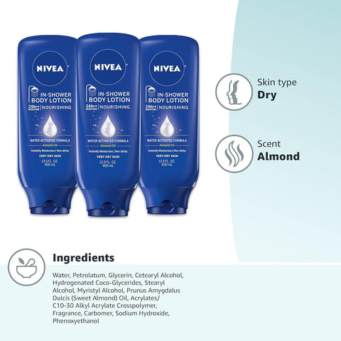 NIVEA Nourishing In Shower Lotion, Water Activated In Shower Moisturizer for Dry to Very Dry Skin, 13.5 FL OZ (Pack of 6)