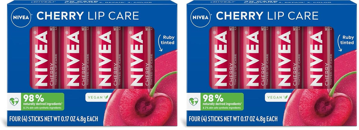 NIVEA Cherry Lip Care,Ruby Tinted Lip Balm Pack with Shea Butter,Nourishing Oils and Vitamin C & E,3-in-1 Moisture,Repair and Color,0.17 Oz Stick,(Pack of 8)