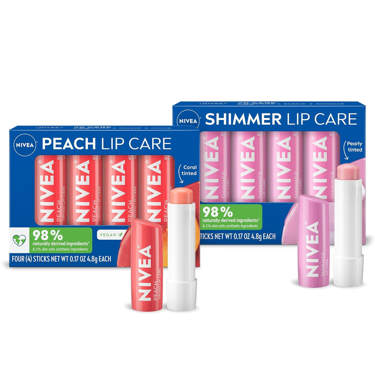 NIVEA Peach Lip Care (4 x 0.17 oz Stick) + NIVEA Shimmer Lip Care (4 x 0.17 oz Stick), Lip Balm Set with Shea Butter, Nourishing Oils and Vitamin C & E