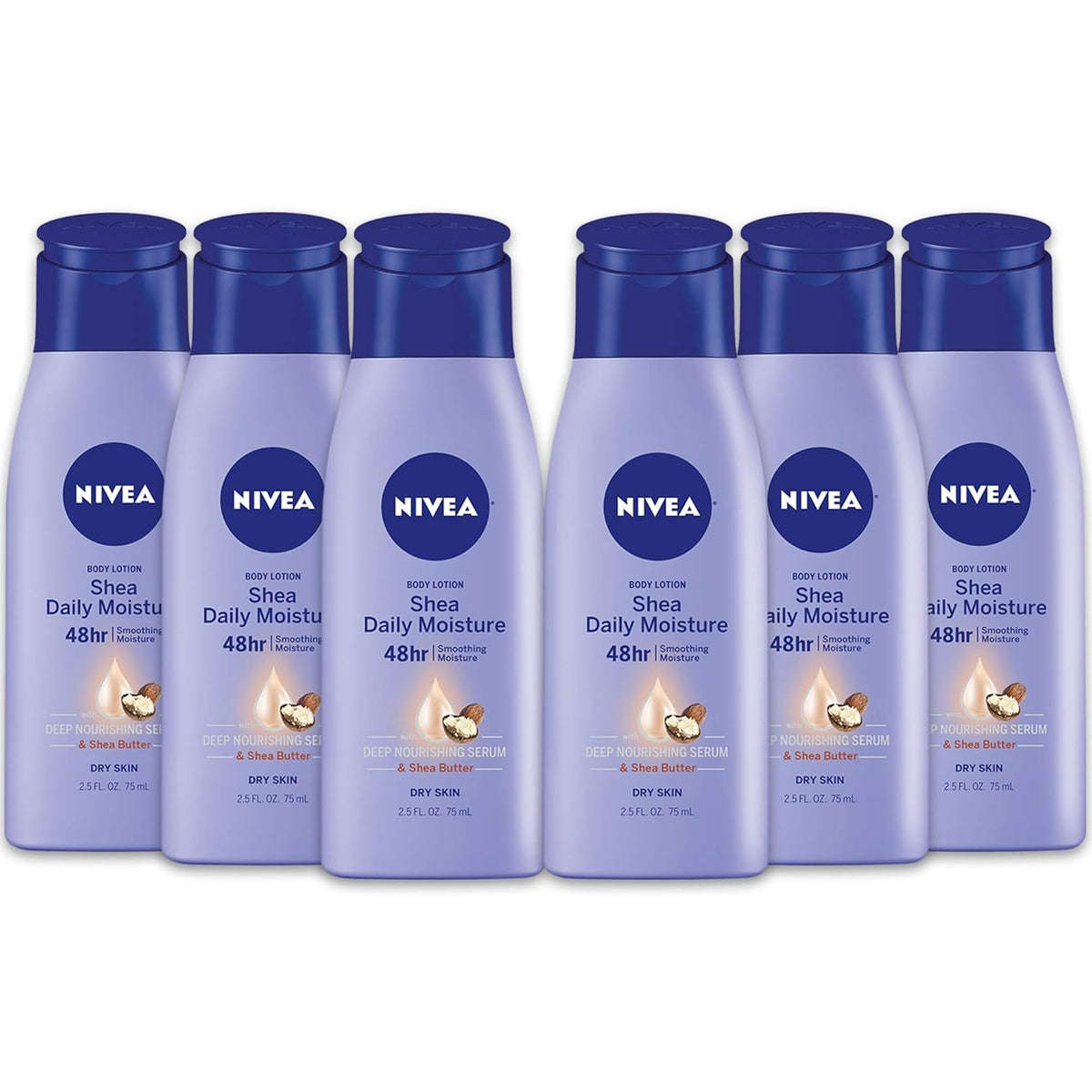 NIVEA Shea Nourish Body Lotion for Dry Skin with Hyaluronic Acid, Shea Butter and Deep Nourishing Serum, 48-Hour Body Moisturizer, 2.5 Fl Oz Bottle, Pack of 6