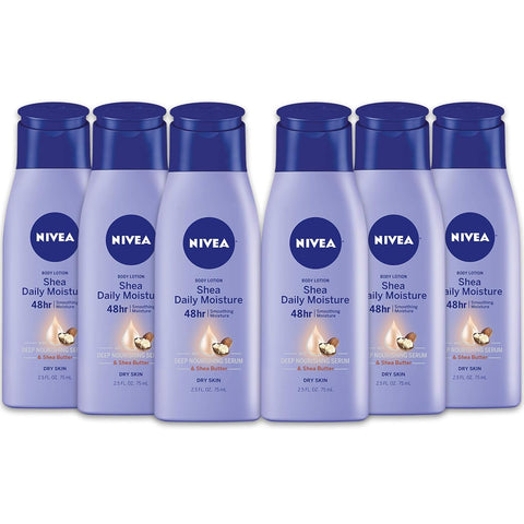 NIVEA Shea Nourish Body Lotion for Dry Skin with Hyaluronic Acid, Shea Butter and Deep Nourishing Serum, 48-Hour Body Moisturizer, 2.5 Fl Oz Bottle, Pack of 6