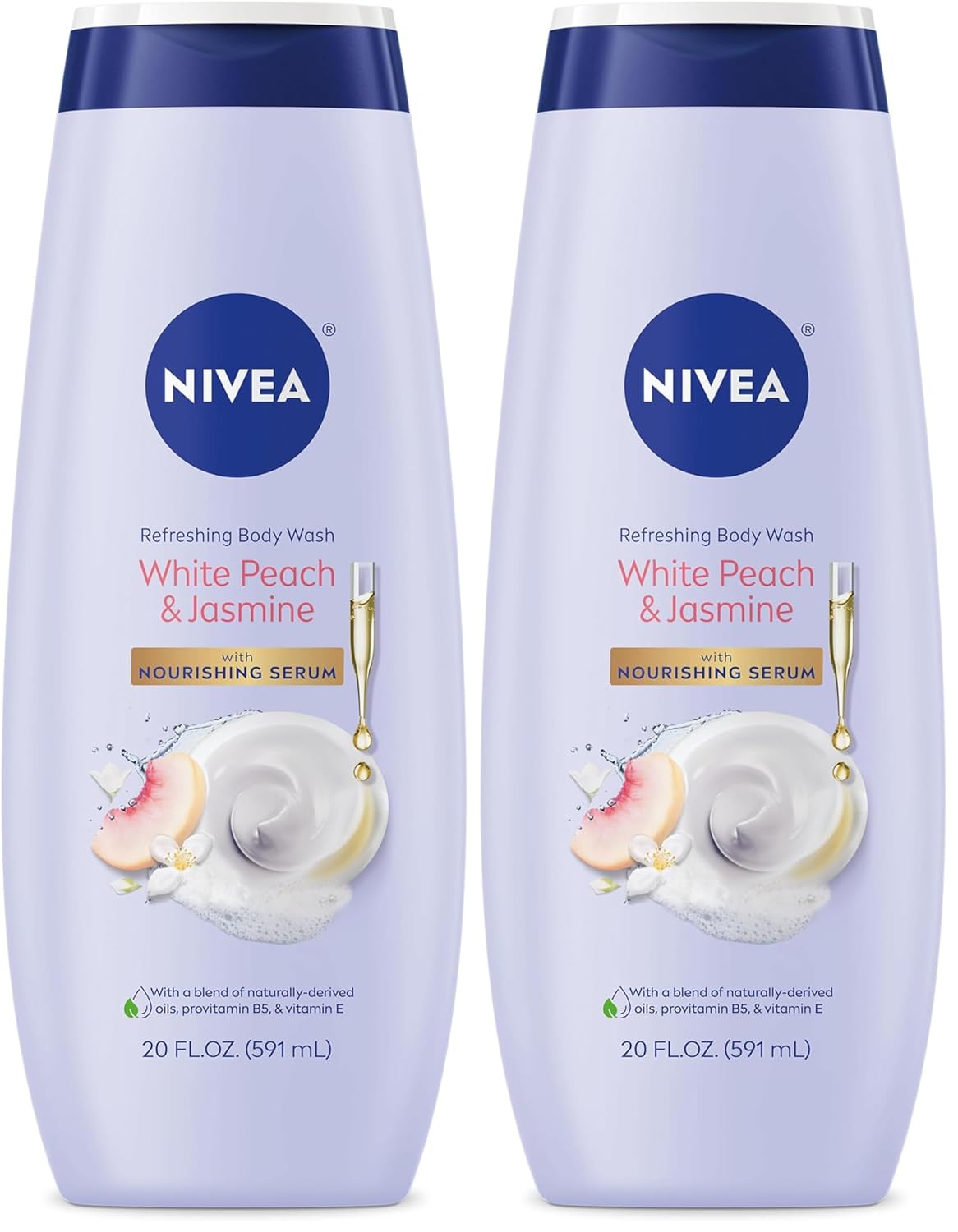 NIVEA Refreshing White Peach and Jasmine Body Wash with Nourishing Serum, Scented Body Wash for Women, Enriched with Provitamin B5 and Vitamin E, 20 Fl Oz Bottle, (Pack of 2)