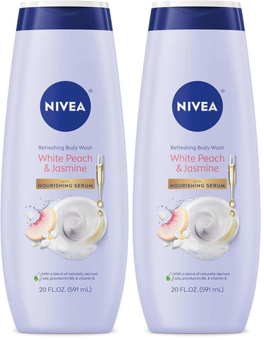 NIVEA Refreshing White Peach and Jasmine Body Wash with Nourishing Serum, Scented Body Wash for Women, Enriched with Provitamin B5 and Vitamin E, 20 Fl Oz Bottle, (Pack of 2)