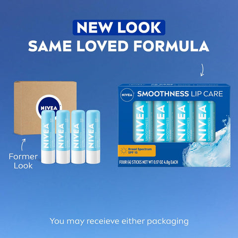 NIVEA Smoothness Lip Care, Sunscreen Lip Balm with SPF 15 Broad Spectrum, Shea Butter, Nourishing Oils and Vitamin C & E, 3-in-1 Moisture, Repair and Sunscreen, 0.17 Oz Stick, Pack of 4